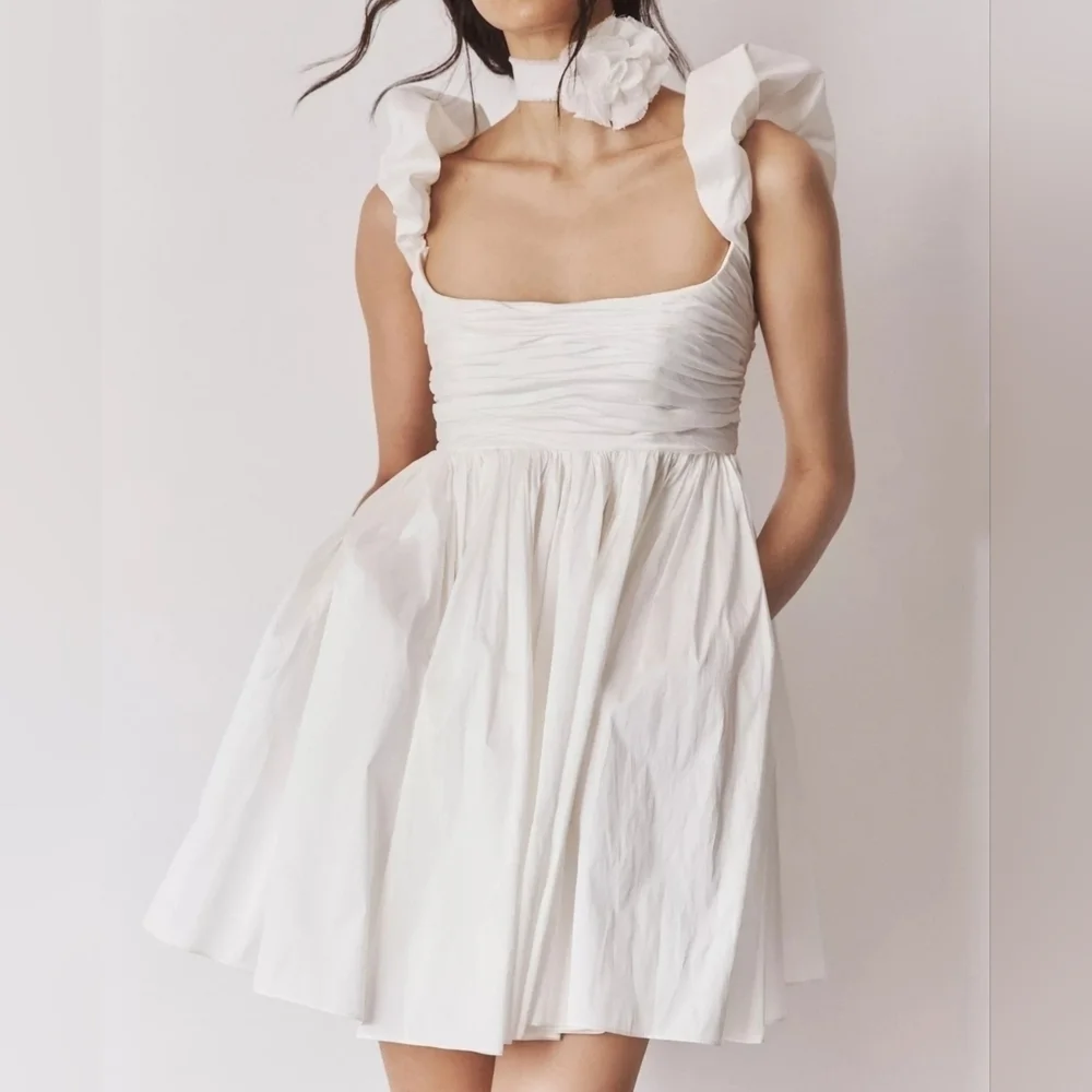 Watters Pavlova Ivory Square-Neck Puff-Sleeve Empire-Waist Taffeta Mini Dress, 8